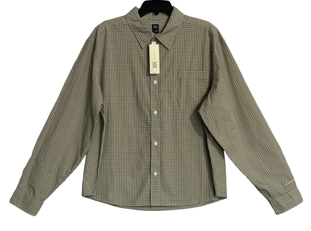 BDG Button-Up Shirt Men's Large Long Sleeve Beige and Black Plaid Check NWT